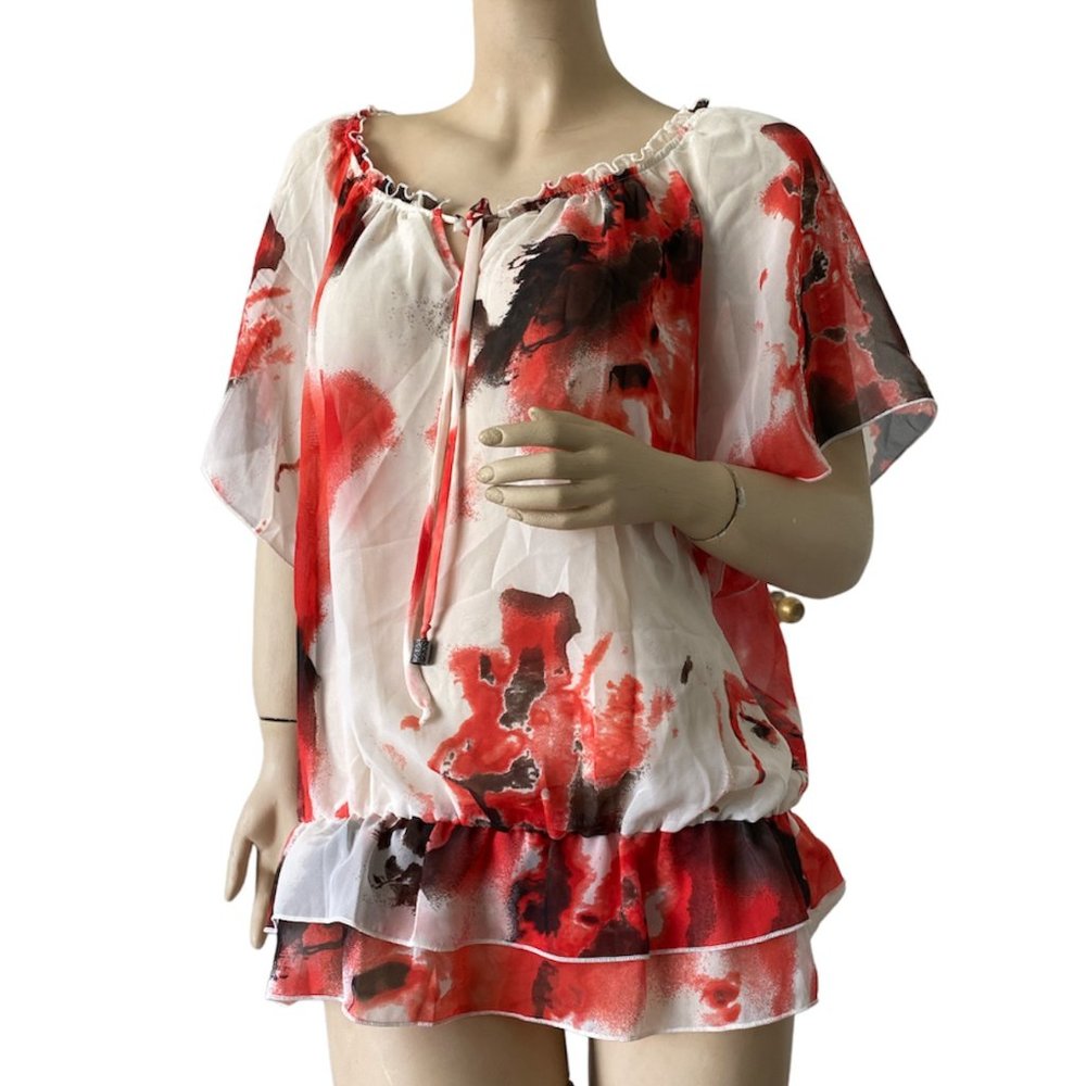 AB Studios Red White Floral Hip Length Tunic Blouse Top Size: Medium